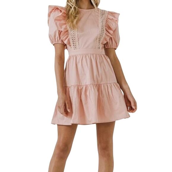 English Factory Women's Lace Inserted Mini Dress with Puff Sleeves Blush Size L - Picture 1 of 9